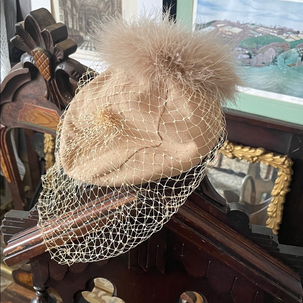 Vintage-Style Beige Fascinator Hat with Veil and Pom
